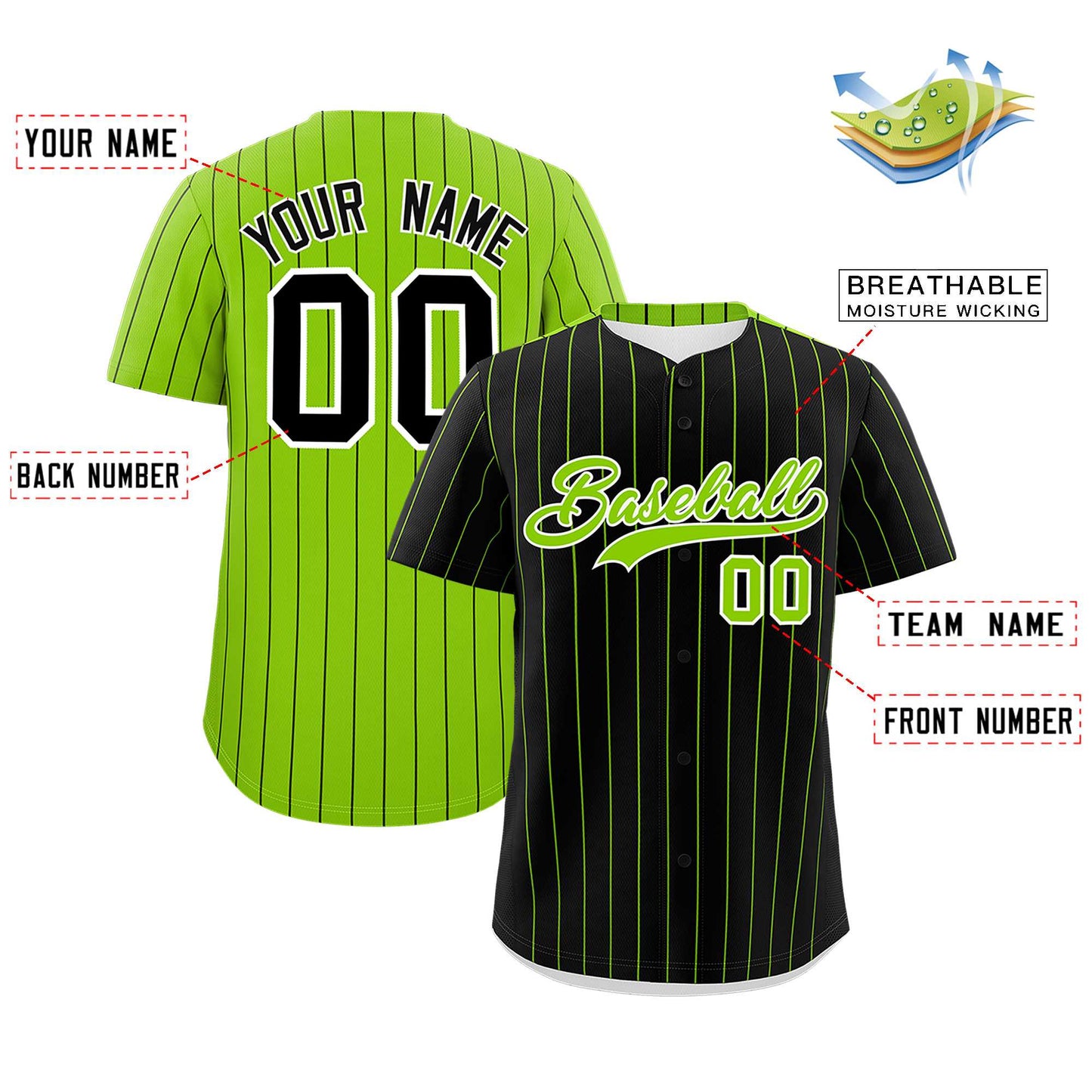 Custom Black Neon Green Pinstripe Personalized Two-Tone Authentic Baseball Jersey