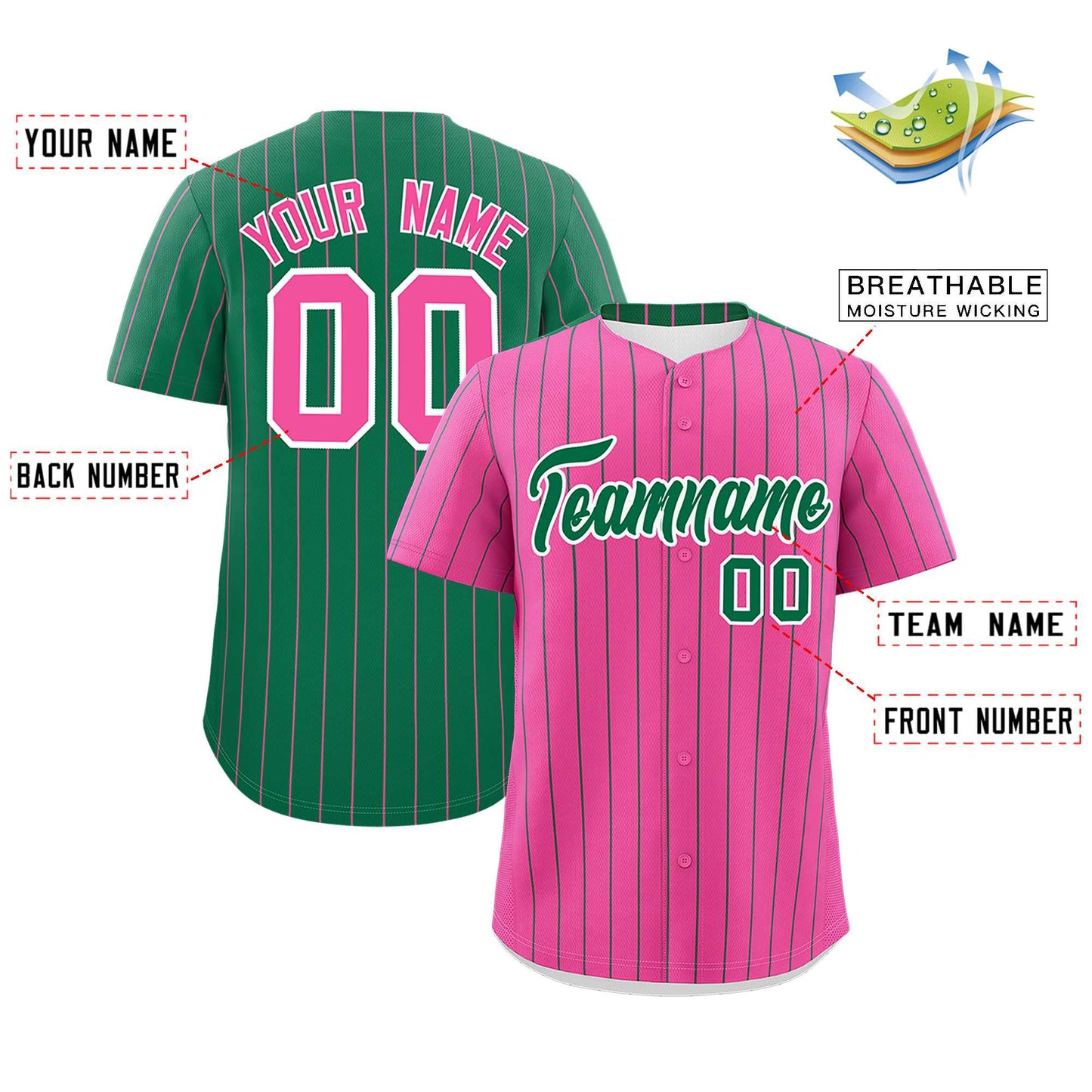 Custom Pink Kelly Green Pinstripe Personalized Two-Tone Authentic Baseball Jersey