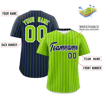 Custom Neon Green Navy Pinstripe Personalized Two-Tone Authentic Baseball Jersey