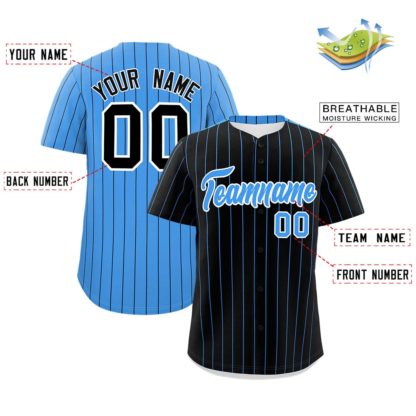 Custom Black Powder Blue Pinstripe Personalized Two-Tone Authentic Baseball Jersey