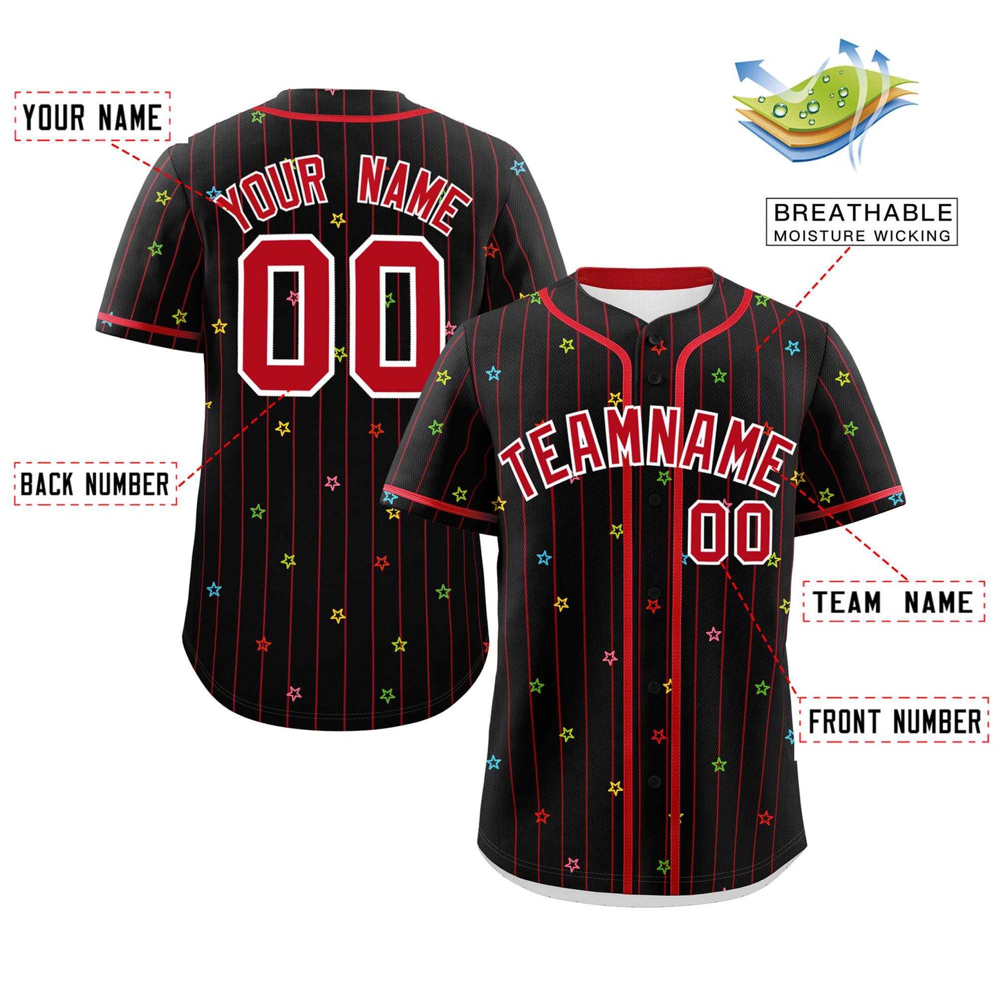 Custom Black Red Stripe Fashion Personalized Star Pattern Authentic Baseball Jersey