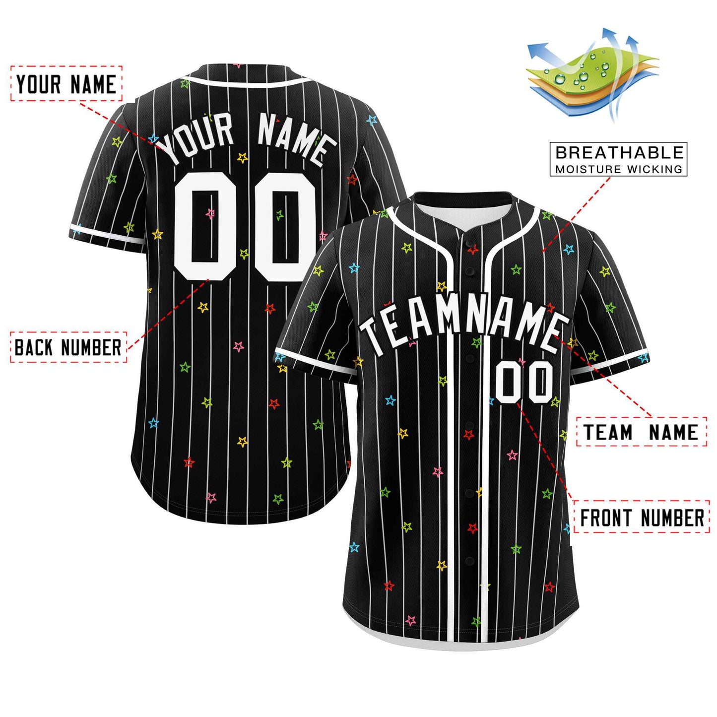 Custom Black White Stripe Fashion Personalized Star Pattern Authentic Baseball Jersey