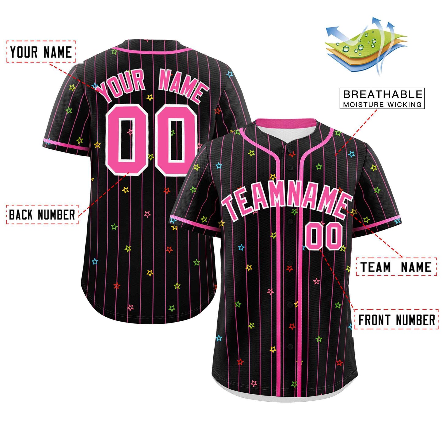 Custom Black Pink Stripe Fashion Personalized Star Pattern Authentic Baseball Jersey