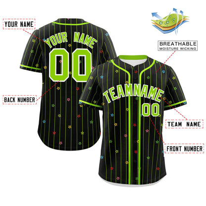 Custom Black Neon Green Stripe Fashion Personalized Star Pattern Authentic Baseball Jersey