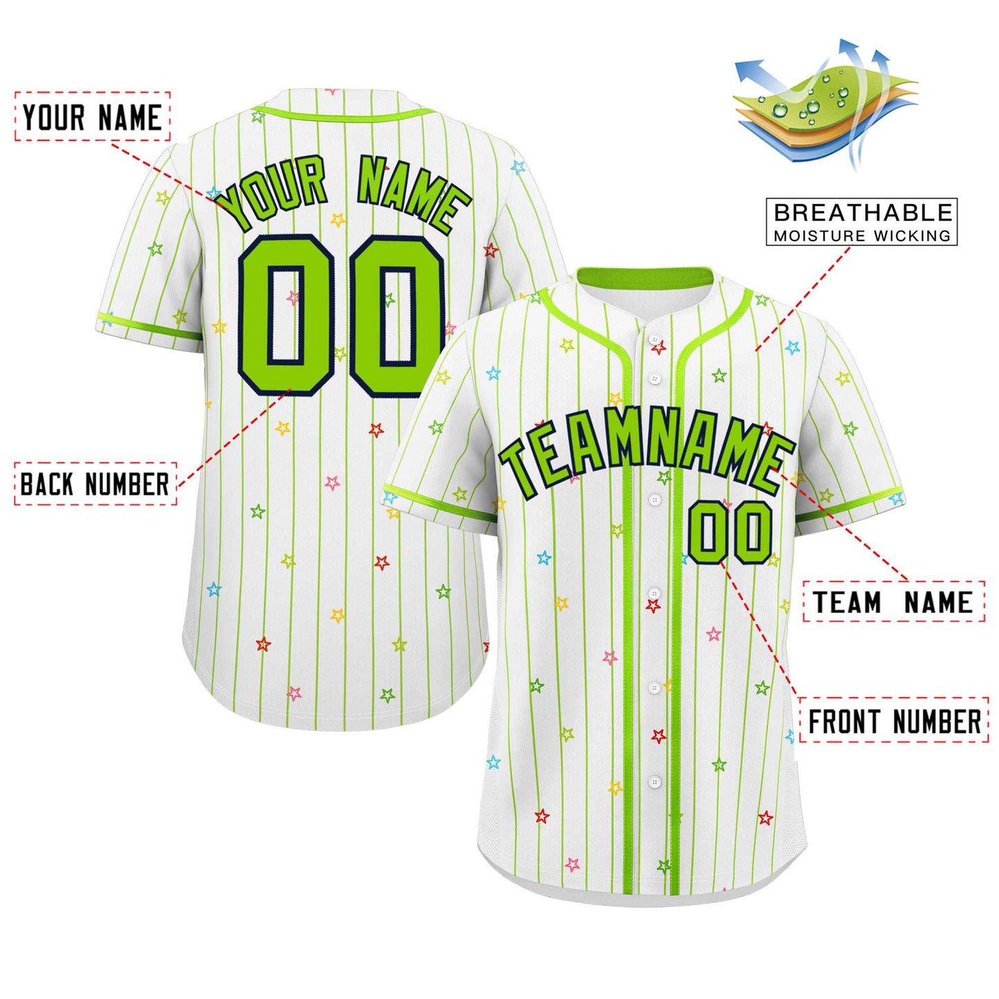 Custom White Neon Green Stripe Fashion Personalized Star Pattern Authentic Baseball Jersey