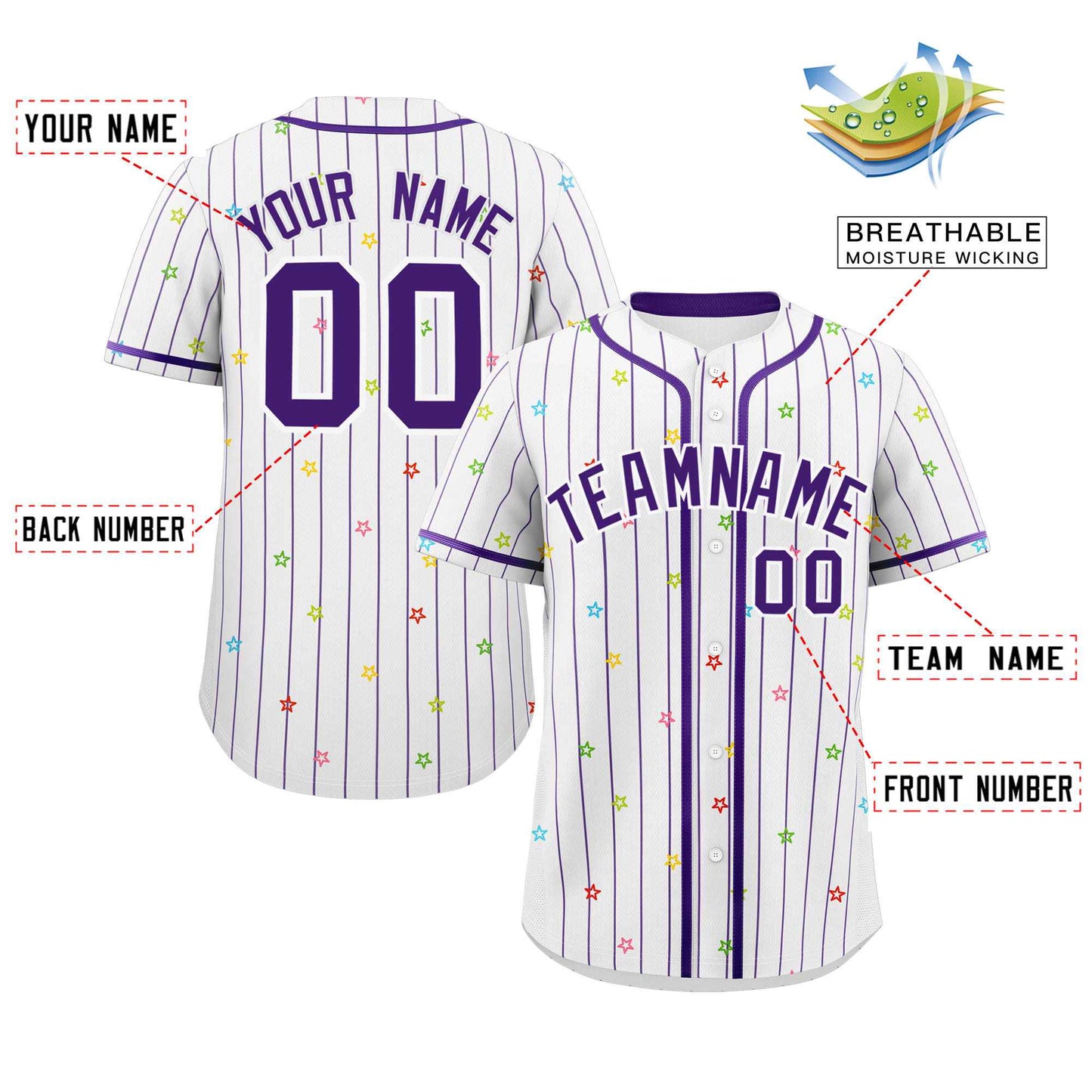 Custom White Purple Stripe Fashion Personalized Star Pattern Authentic Baseball Jersey