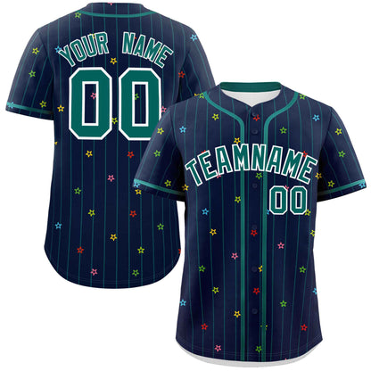 Custom Navy Aqua Stripe Fashion Personalized Star Pattern Authentic Baseball Jersey