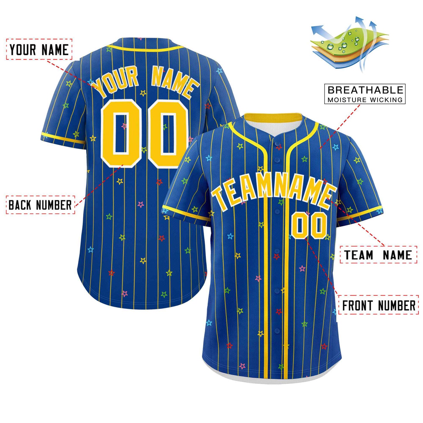 Custom Royal Gold Stripe Fashion Personalized Star Pattern Authentic Baseball Jersey