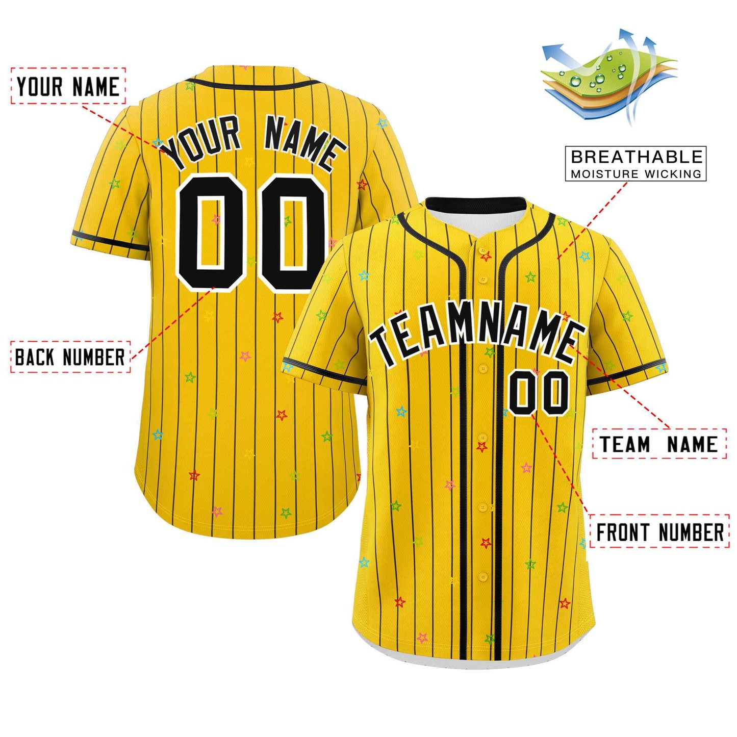 Custom Gold Black Stripe Fashion Personalized Star Pattern Authentic Baseball Jersey