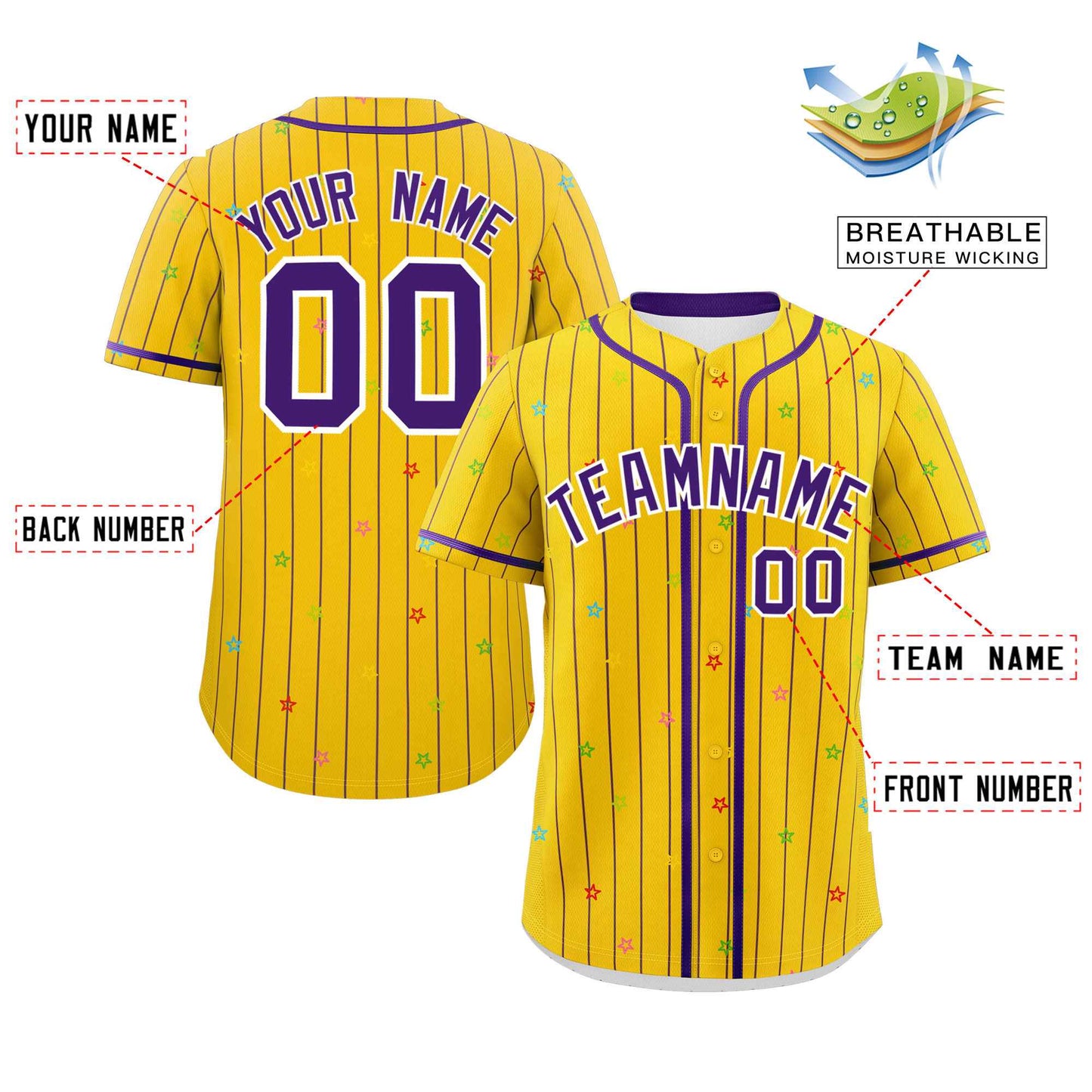 Custom Gold Purple Stripe Fashion Personalized Star Pattern Authentic Baseball Jersey