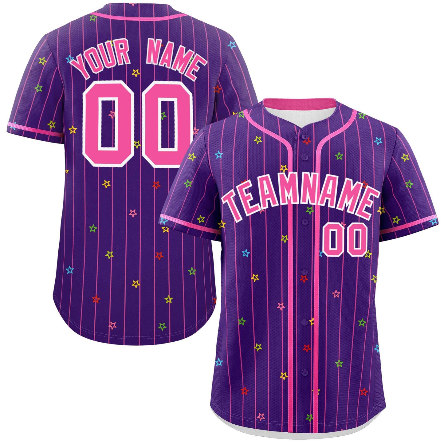 Custom Purple Pink Stripe Fashion Personalized Star Pattern Authentic Baseball Jersey