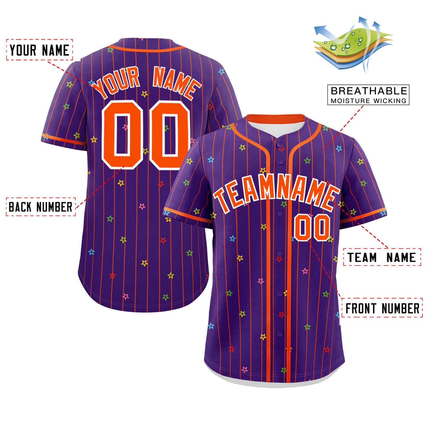 Custom Purple Orange Stripe Fashion Personalized Star Pattern Authentic Baseball Jersey