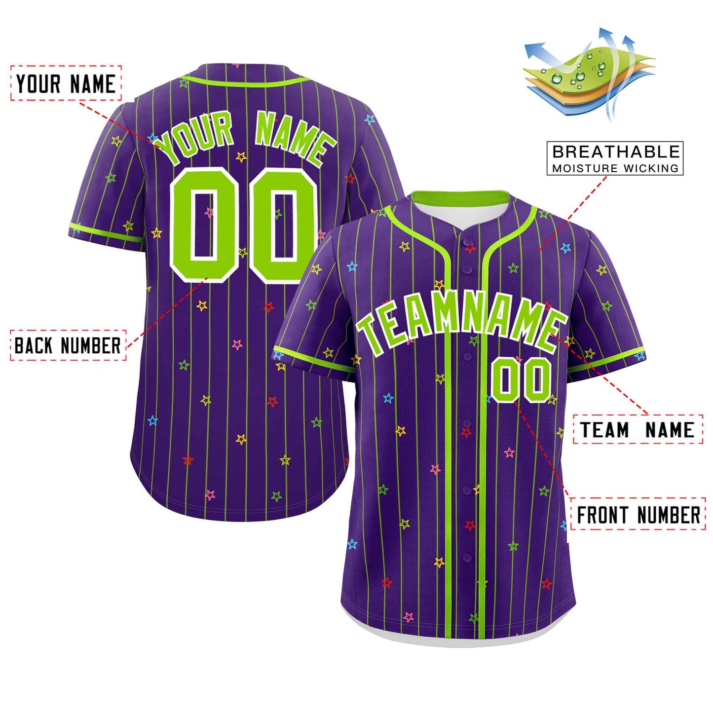 Custom Purple Neon Green Stripe Fashion Personalized Star Pattern Authentic Baseball Jersey