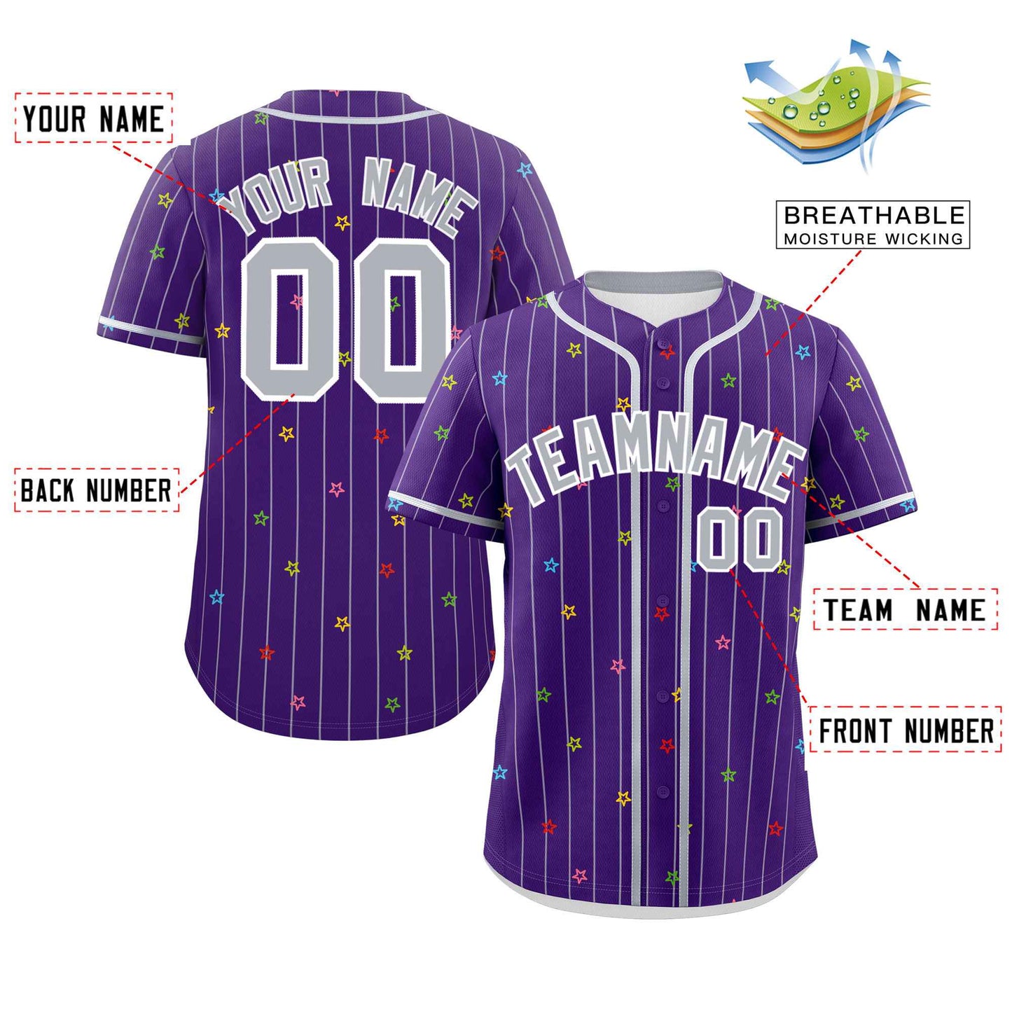 Custom Purple Gray Stripe Fashion Personalized Star Pattern Authentic Baseball Jersey