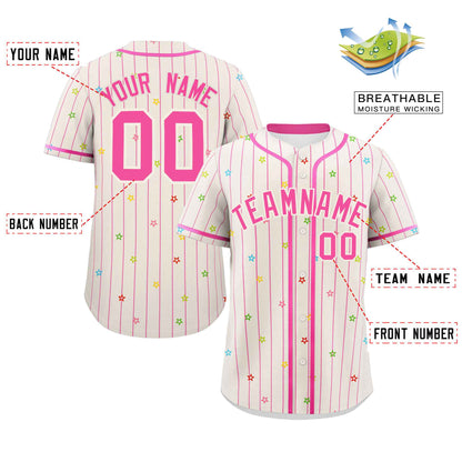 Custom Cream Pink Stripe Fashion Personalized Star Pattern Authentic Baseball Jersey