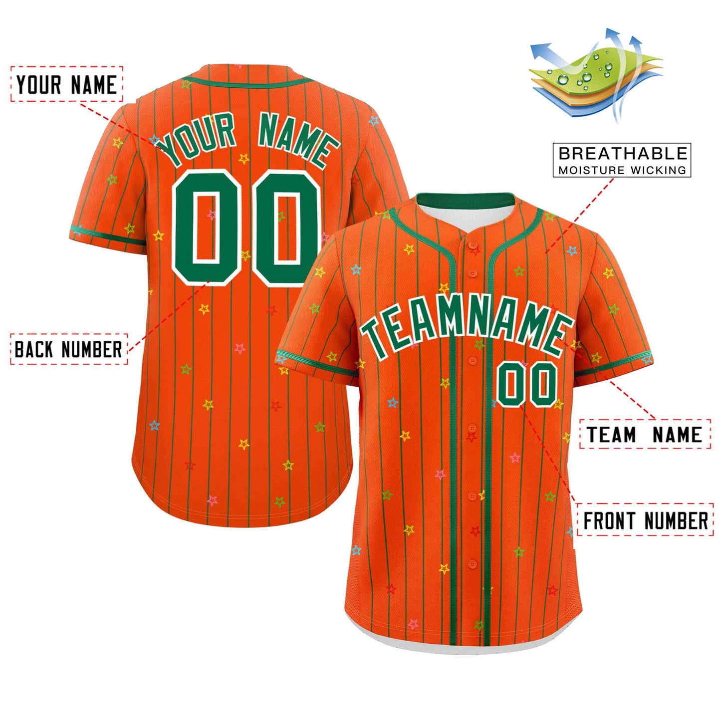 Custom Orange Kelly Green Stripe Fashion Personalized Star Pattern Authentic Baseball Jersey