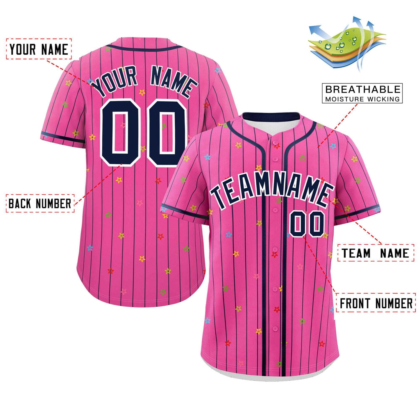 Custom Pink Navy Stripe Fashion Personalized Star Pattern Authentic Baseball Jersey