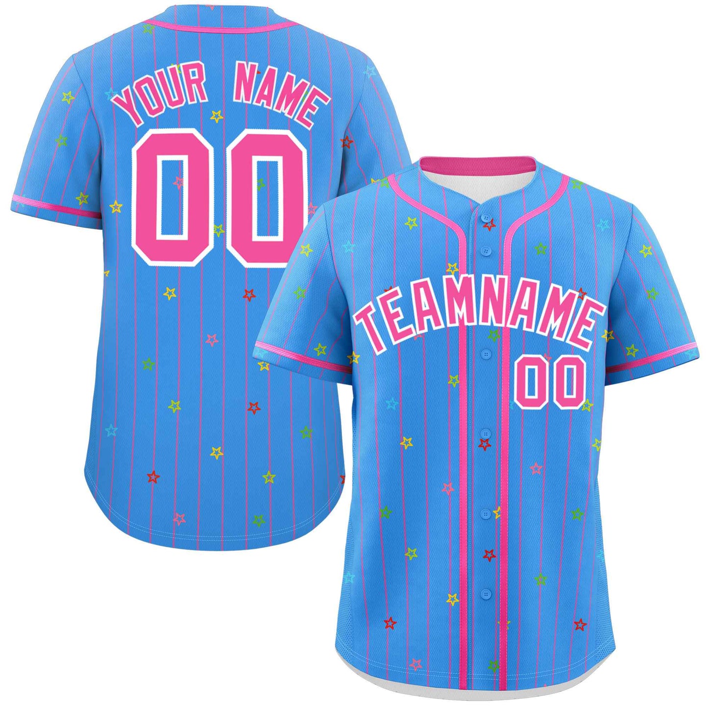 Custom Powder Blue Pink Stripe Fashion Personalized Star Pattern Authentic Baseball Jersey