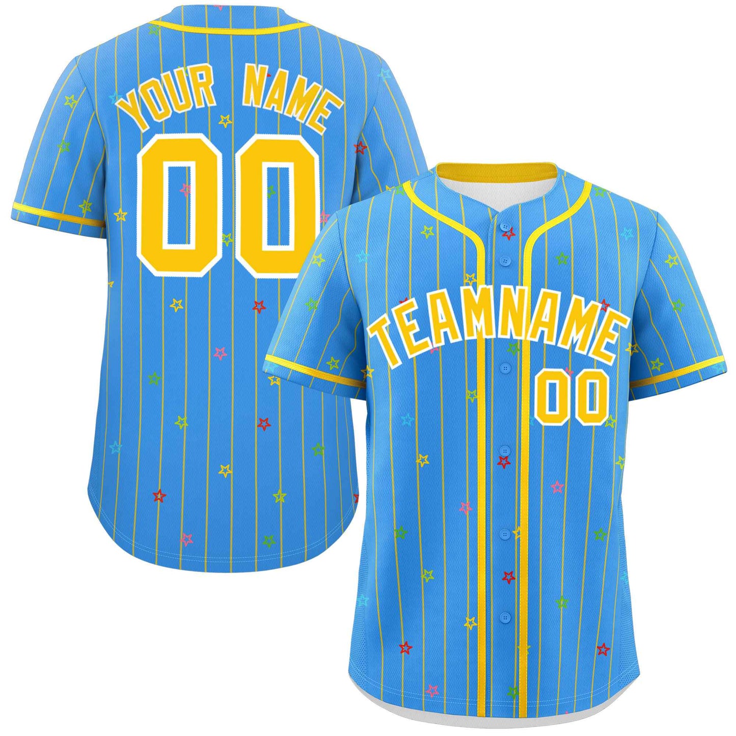 Custom Powder Blue Gold Stripe Fashion Personalized Star Pattern Authentic Baseball Jersey