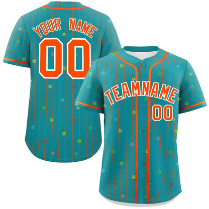 Custom Aqua Orange Stripe Fashion Personalized Star Pattern Authentic Baseball Jersey