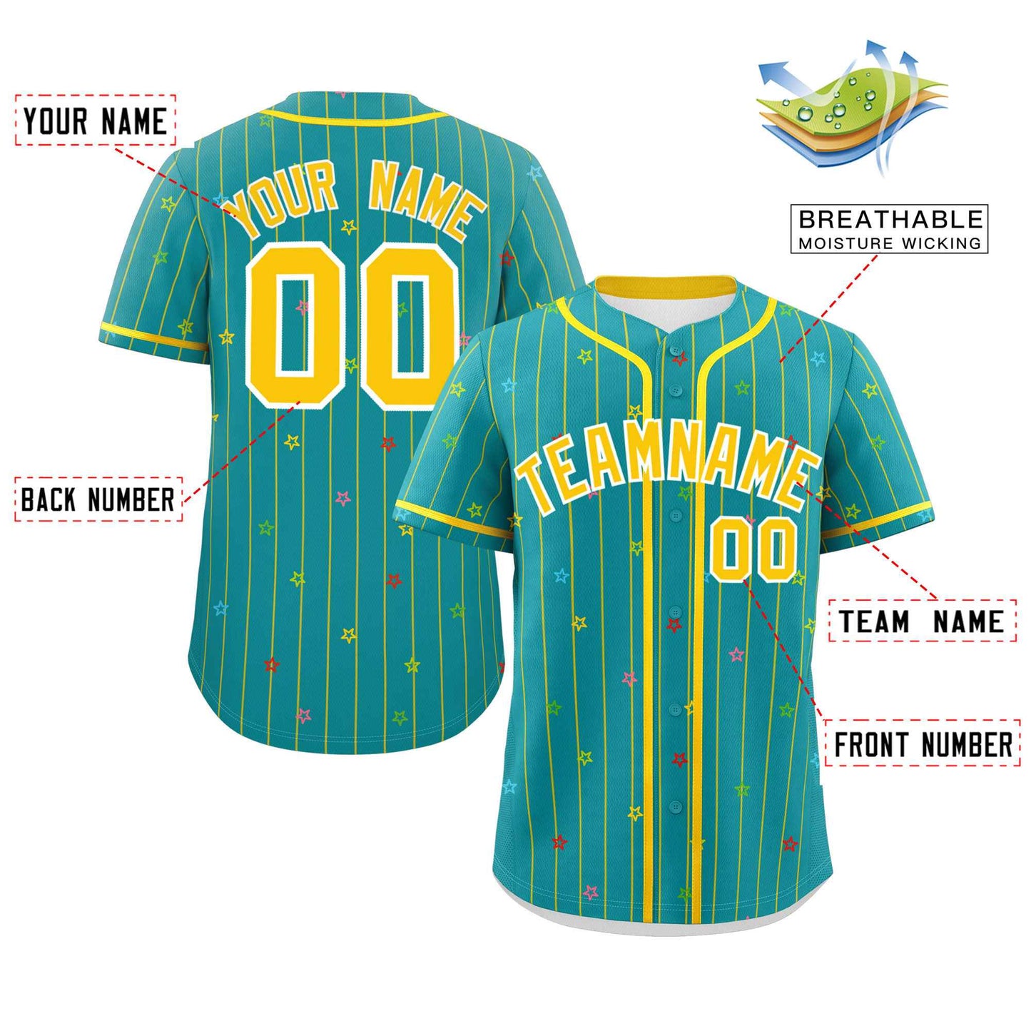 Custom Aqua Gold Stripe Fashion Personalized Star Pattern Authentic Baseball Jersey