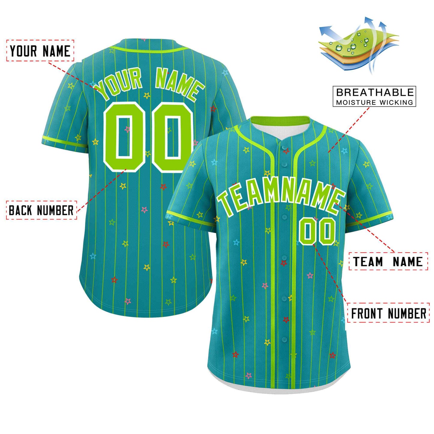 Custom Aqua Neon Green Stripe Fashion Personalized Star Pattern Authentic Baseball Jersey