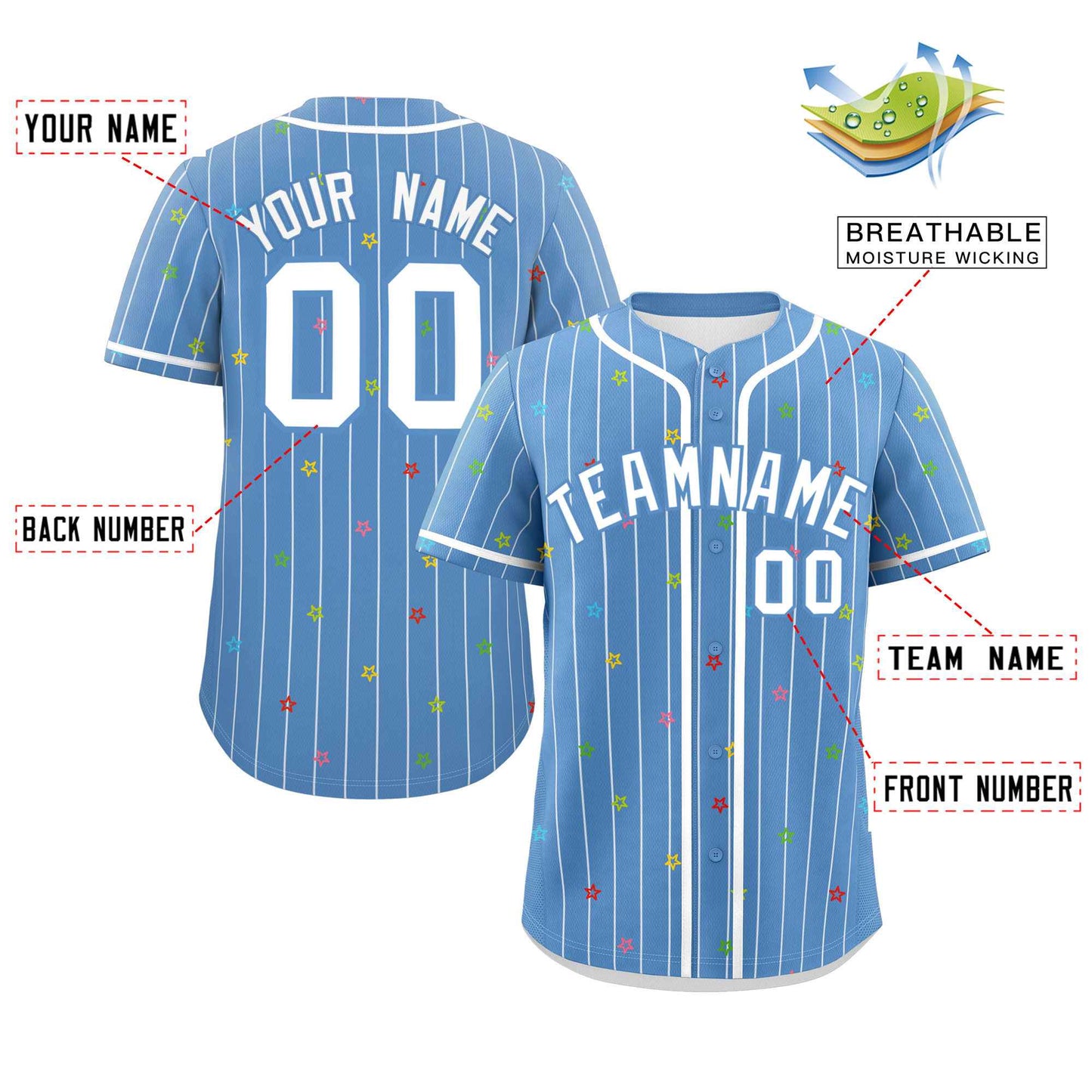 Custom Light Blue White Stripe Fashion Personalized Star Pattern Authentic Baseball Jersey