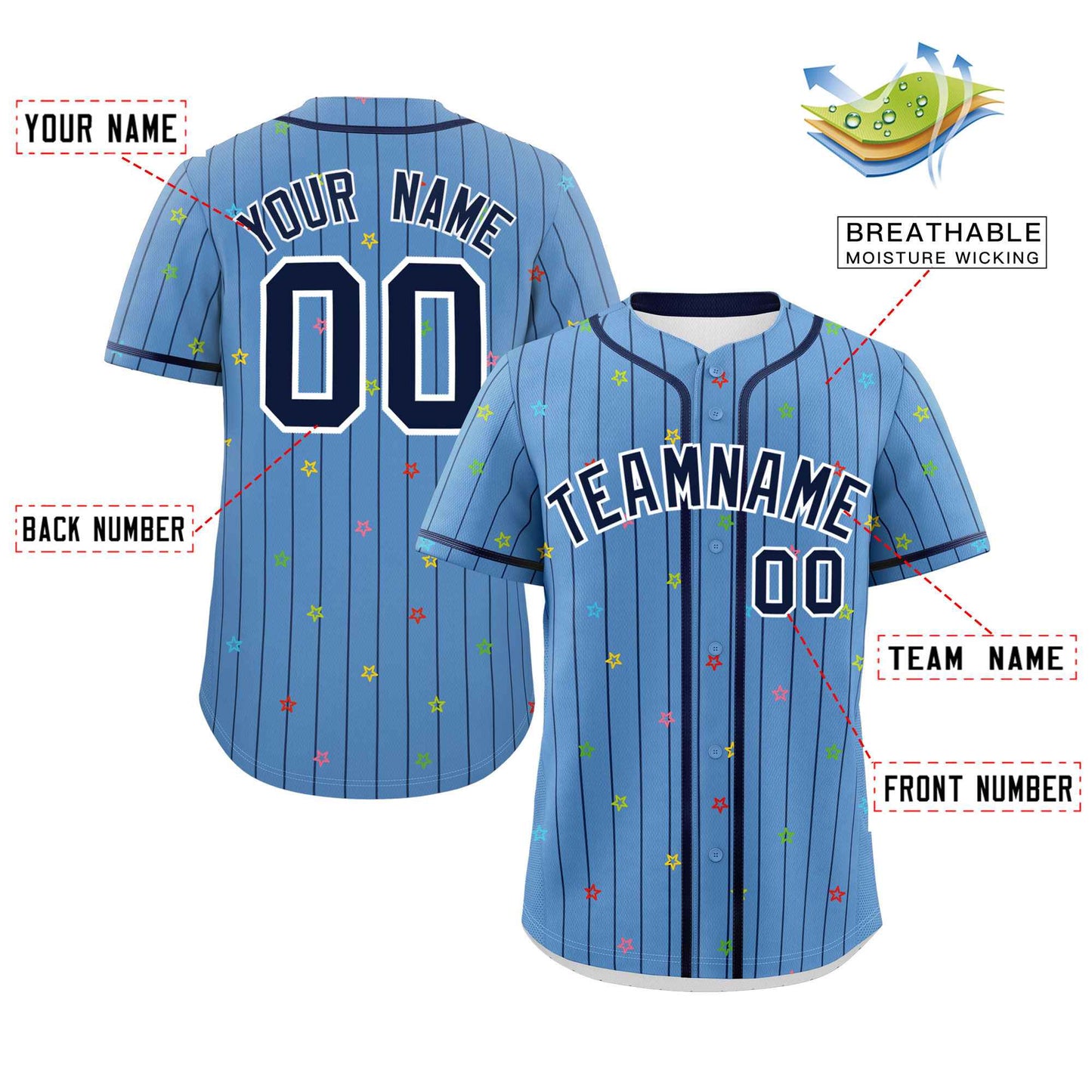 Custom Light Blue Navy Stripe Fashion Personalized Star Pattern Authentic Baseball Jersey