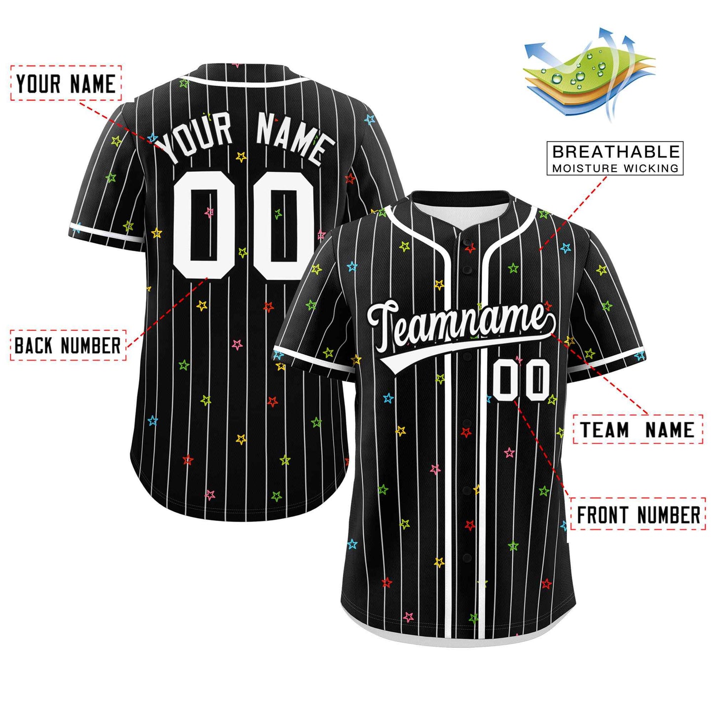 Custom Black White Stripe Fashion Personalized Star Pattern Authentic Baseball Jersey