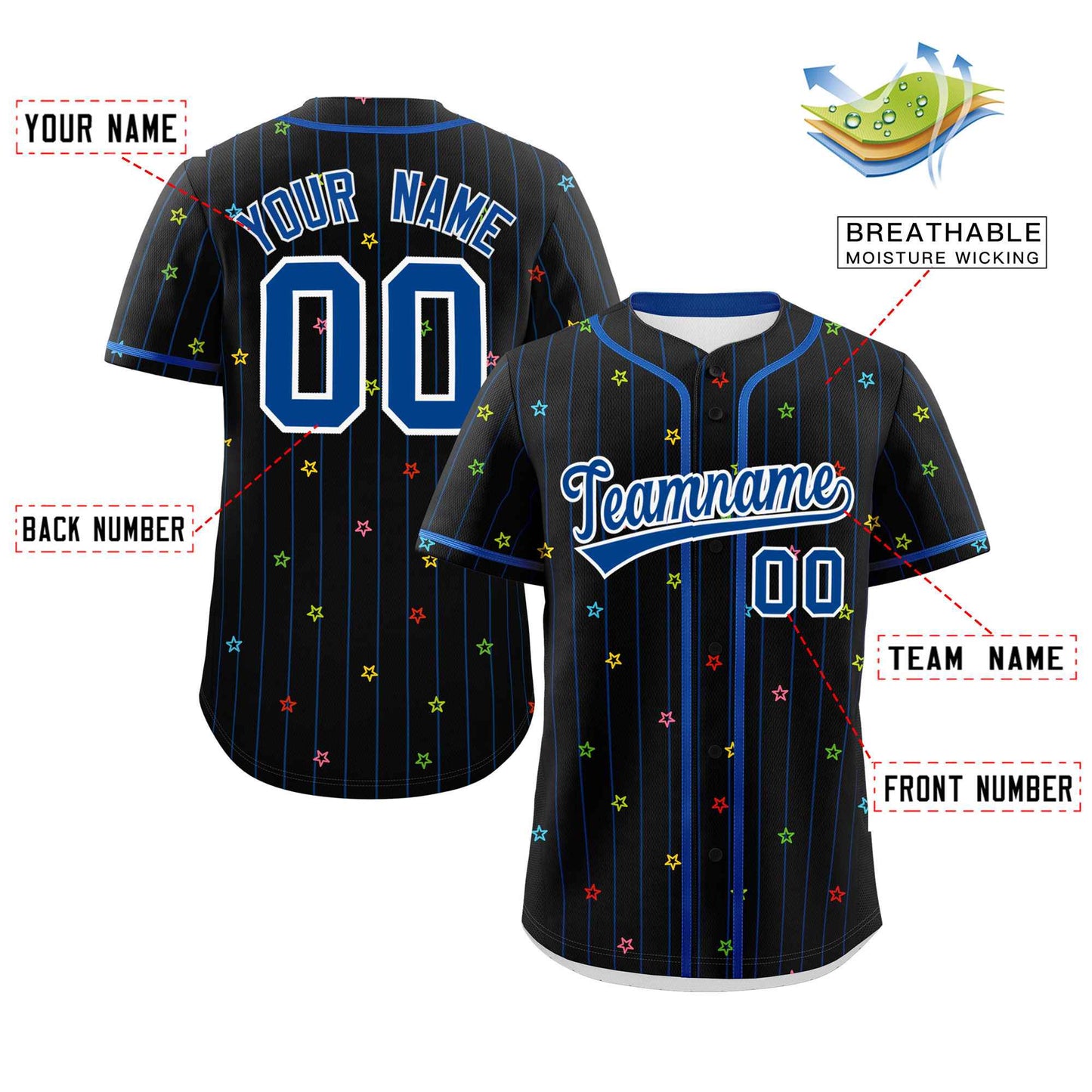 Custom Black Royal Stripe Fashion Personalized Star Pattern Authentic Baseball Jersey