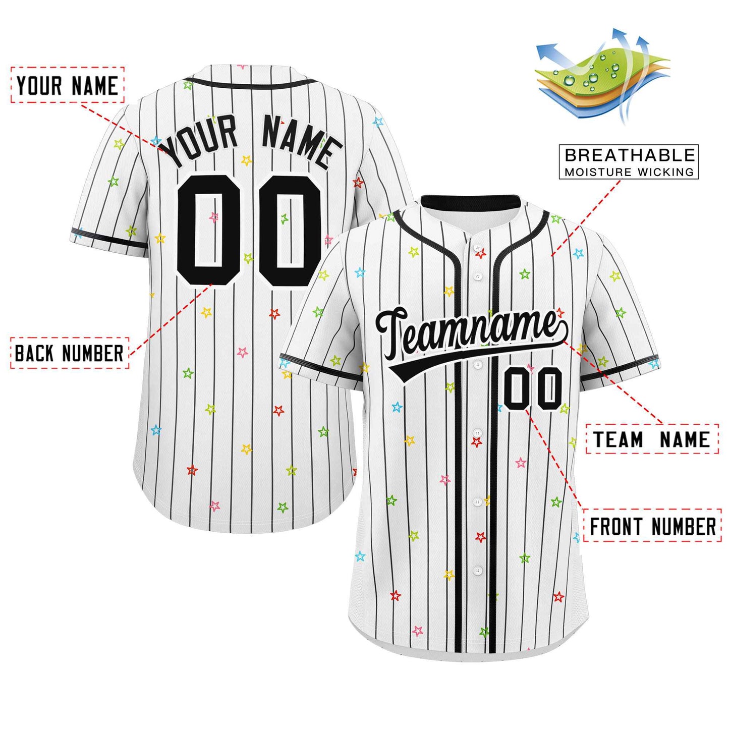 Custom White Black Stripe Fashion Personalized Star Pattern Authentic Baseball Jersey