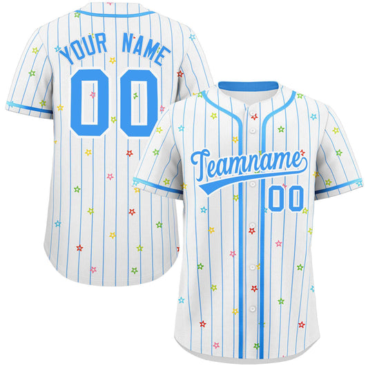 Custom White Powder Blue Stripe Fashion Personalized Star Pattern Authentic Baseball Jersey