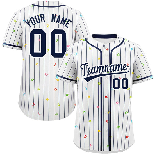 Custom White Navy Stripe Fashion Personalized Star Pattern Authentic Baseball Jersey