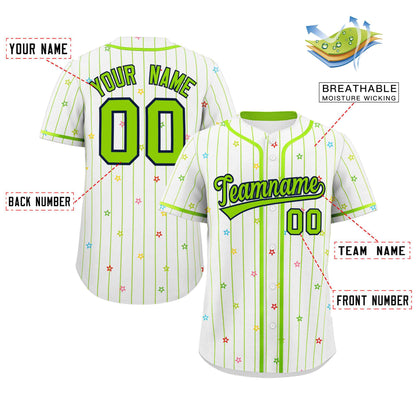 Custom White Neon Green Stripe Fashion Personalized Star Pattern Authentic Baseball Jersey