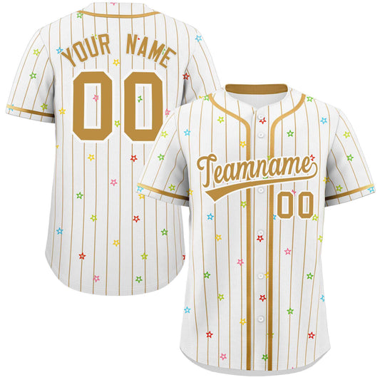 Custom White Old Gold Stripe Fashion Personalized Star Pattern Authentic Baseball Jersey