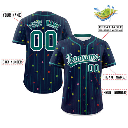 Custom Navy Aqua Stripe Fashion Personalized Star Pattern Authentic Baseball Jersey