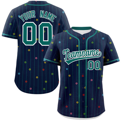 Custom Navy Aqua Stripe Fashion Personalized Star Pattern Authentic Baseball Jersey