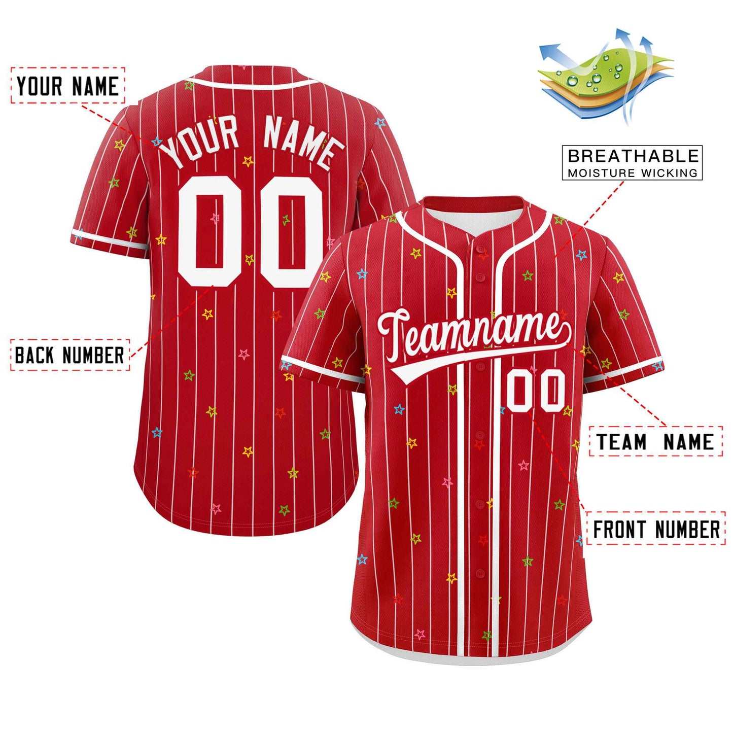 Custom Red White Stripe Fashion Personalized Star Pattern Authentic Baseball Jersey