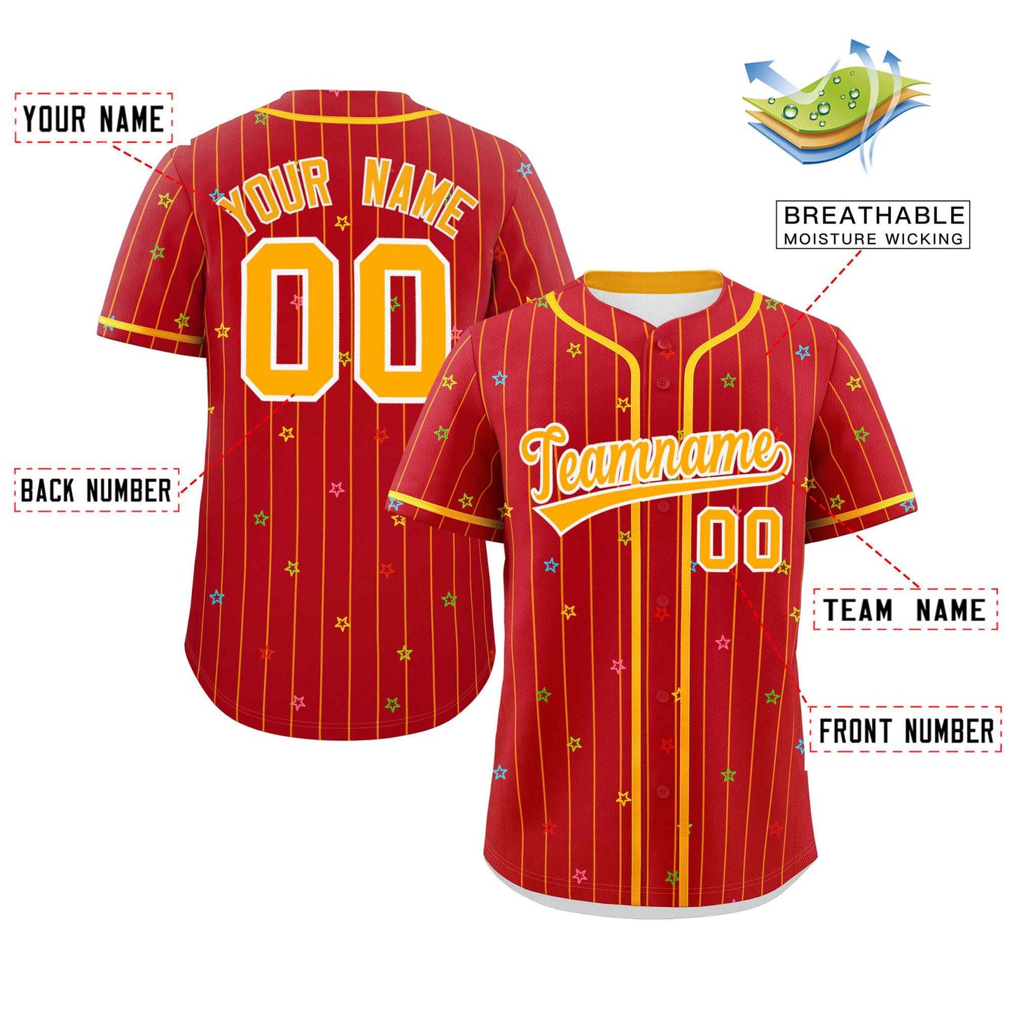 Custom Red Yellow Stripe Fashion Personalized Star Pattern Authentic Baseball Jersey