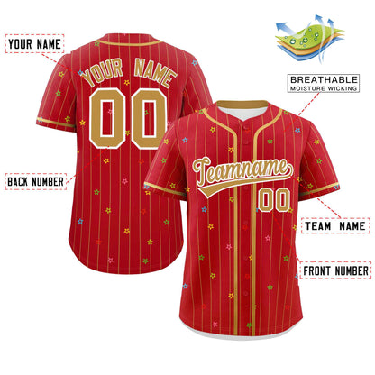 Custom Red Old Gold Stripe Fashion Personalized Star Pattern Authentic Baseball Jersey