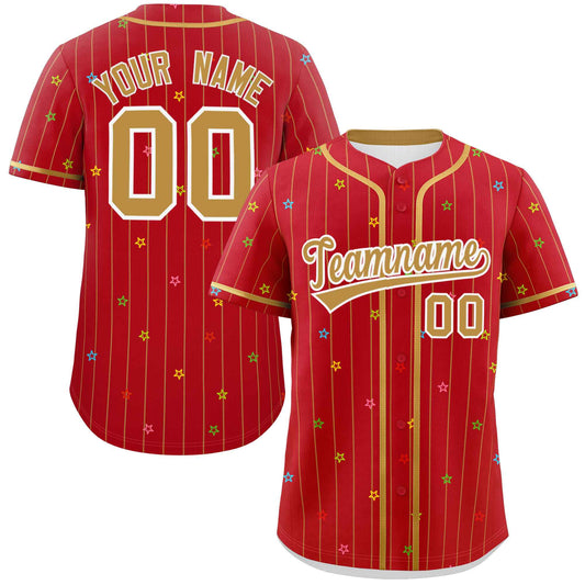 Custom Red Old Gold Stripe Fashion Personalized Star Pattern Authentic Baseball Jersey