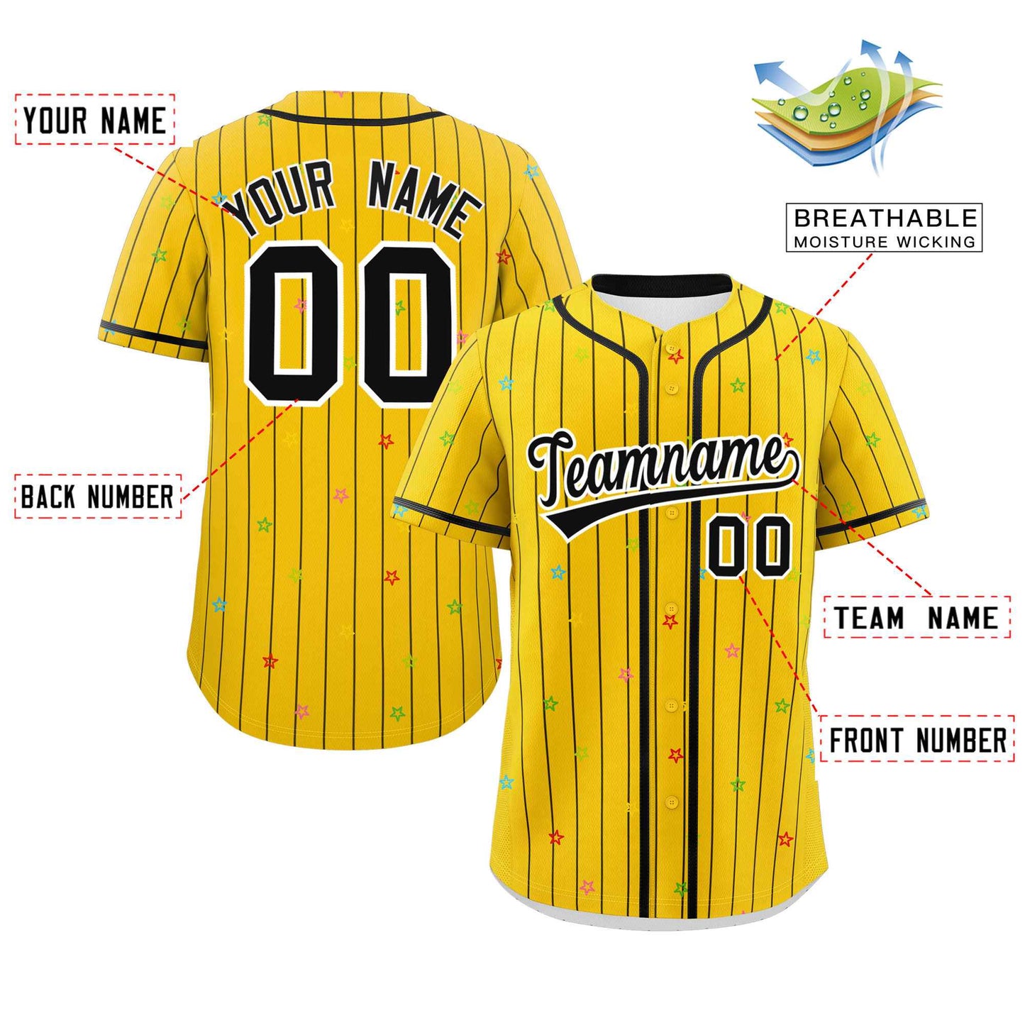 Custom Gold Black Stripe Fashion Personalized Star Pattern Authentic Baseball Jersey