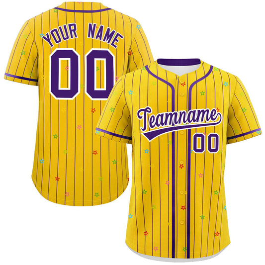 Custom Gold Purple Stripe Fashion Personalized Star Pattern Authentic Baseball Jersey