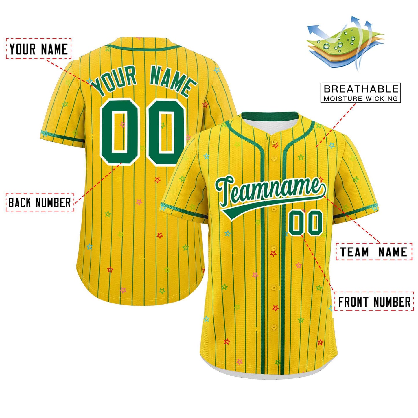 Custom Gold Kelly Green Stripe Fashion Personalized Star Pattern Authentic Baseball Jersey