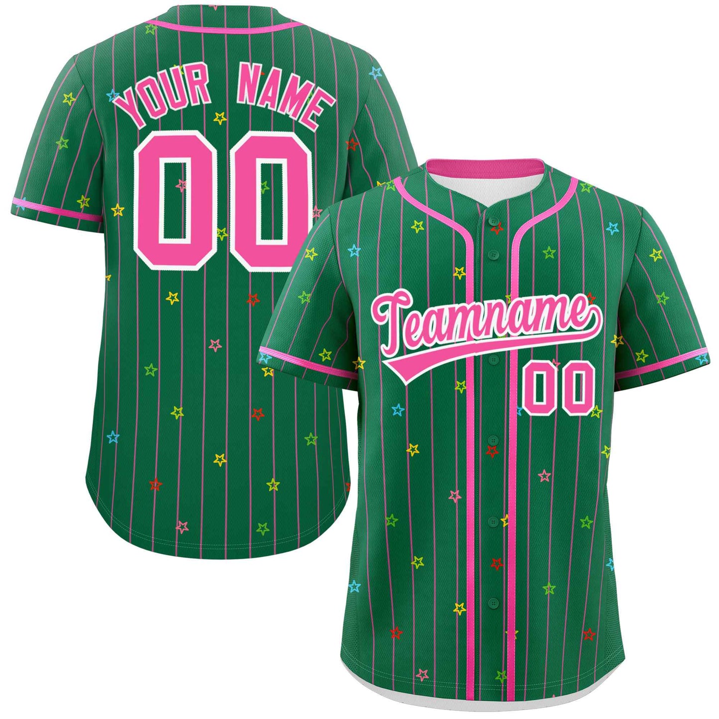 Custom Kelly Green Pink Stripe Fashion Personalized Star Pattern Authentic Baseball Jersey