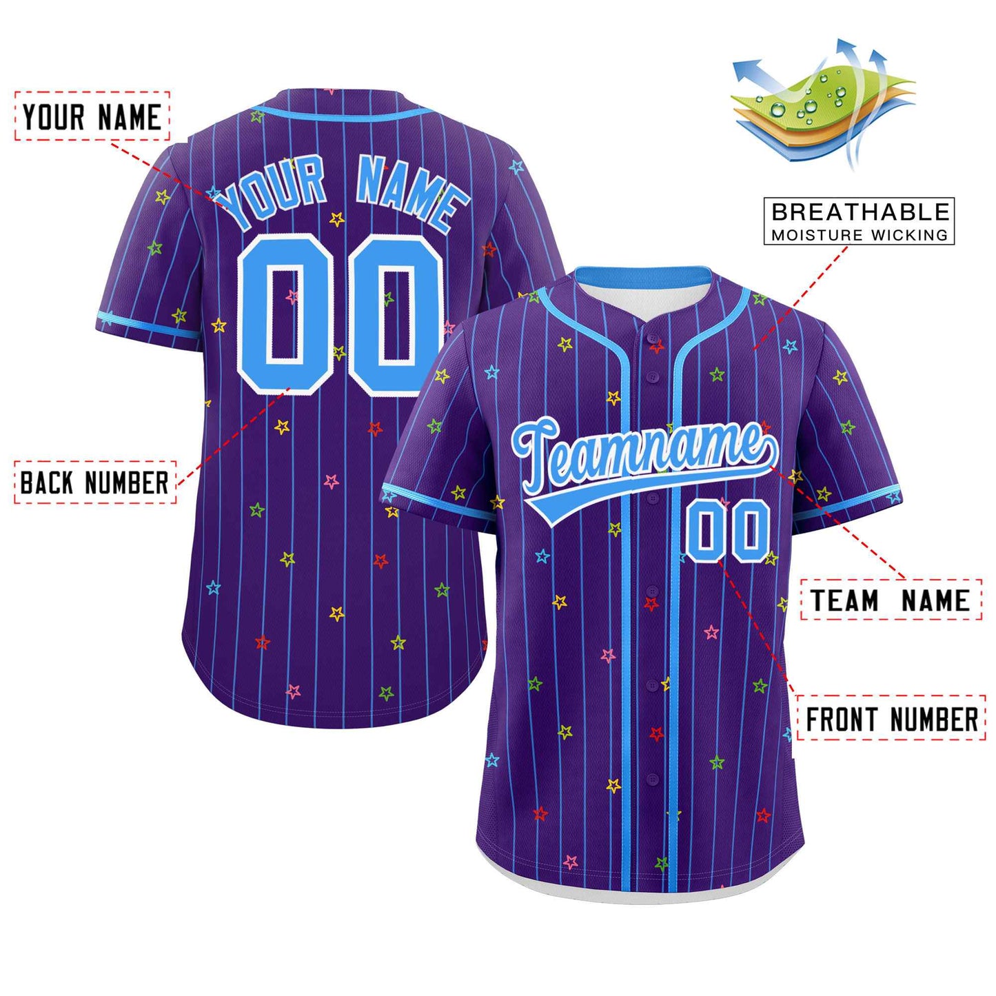 Custom Purple Powder Blue Stripe Fashion Personalized Star Pattern Authentic Baseball Jersey