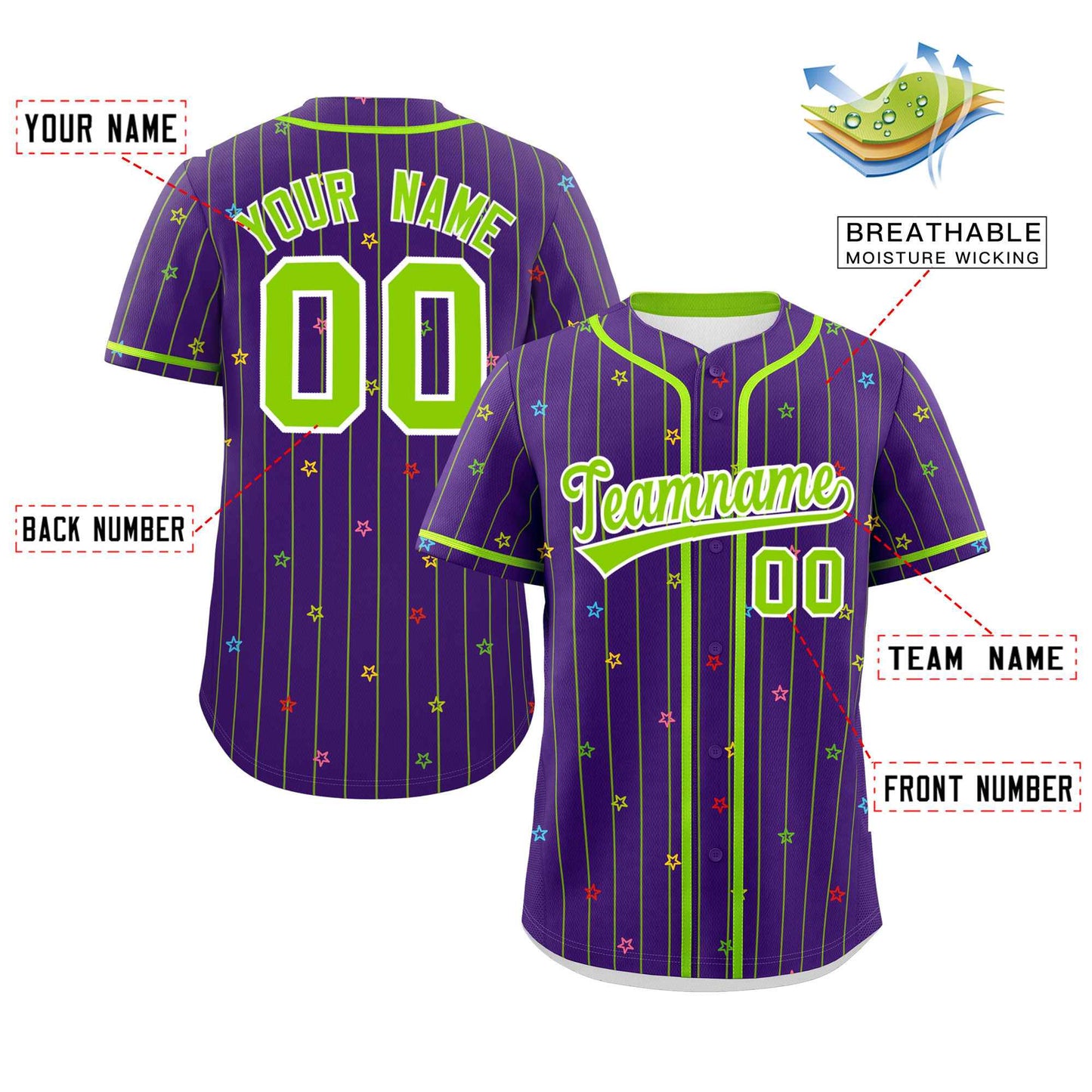 Custom Purple Neon Green Stripe Fashion Personalized Star Pattern Authentic Baseball Jersey