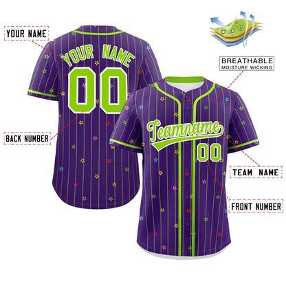 Custom Purple Neon Green Stripe Fashion Personalized Star Pattern Authentic Baseball Jersey