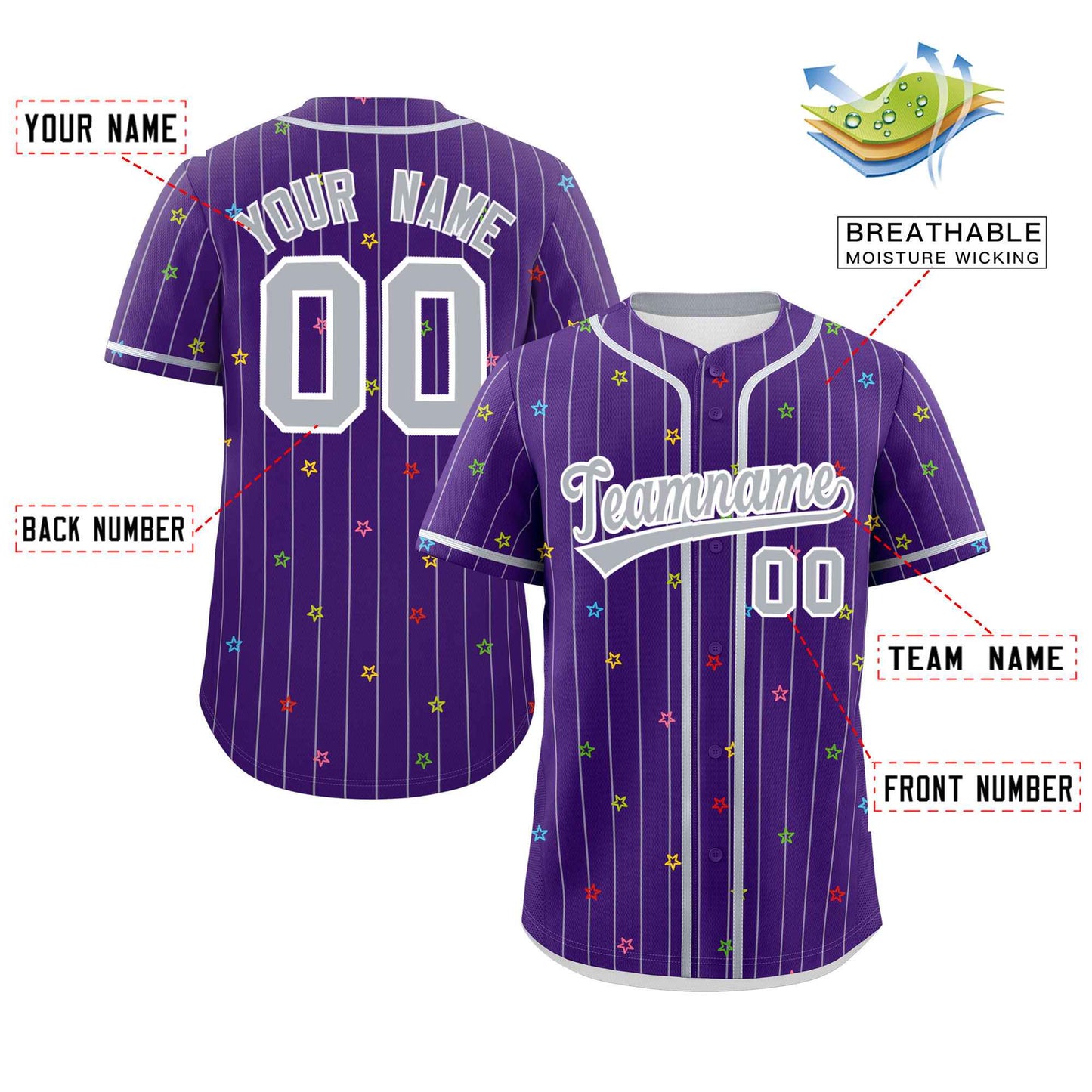 Custom Purple Gray Stripe Fashion Personalized Star Pattern Authentic Baseball Jersey