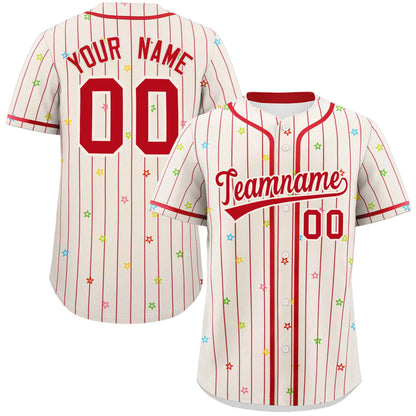 Custom Cream Red Stripe Fashion Personalized Star Pattern Authentic Baseball Jersey